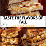 Close-up of warm sourdough apple cheddar panini with melted cheese and apple slices on wooden board. 2026